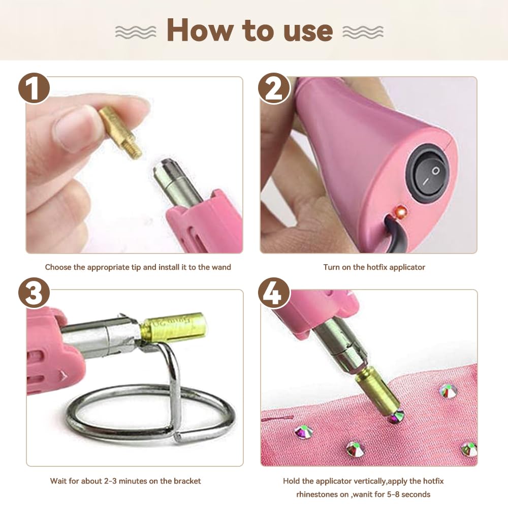 Hotfix Applicator 7-in-1 Rhinestone Setter Hot Fix Wand Bedazzler Kit Tool Set for Crafts Shoes Clothes Fabric Clothing(Pink)