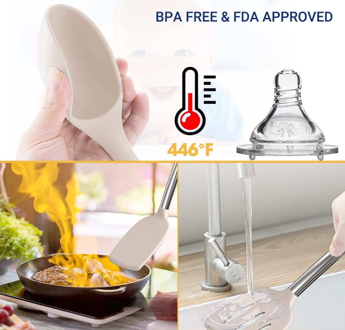 Silicone Cooking Utensil Set, Fungun Non-stick Kitchen Utensil 24 Pcs Cooking Utensils Set, Heat Resistant Cookware, Silicone Kitchen Tools Gift with Stainless Steel Handle (Khaki-24pcs) …