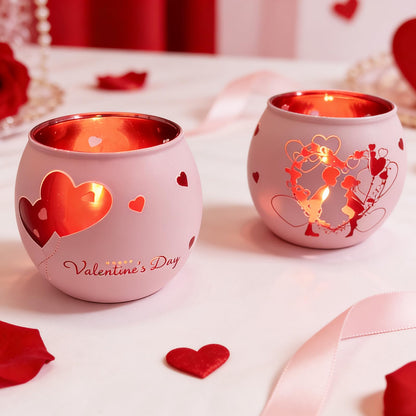 Heart Glass Tea Light Candle Holders, Votive Tealight Holder Table, Love Centerpiece Decorations for Valentines Wedding Party Decor (Pink-2)