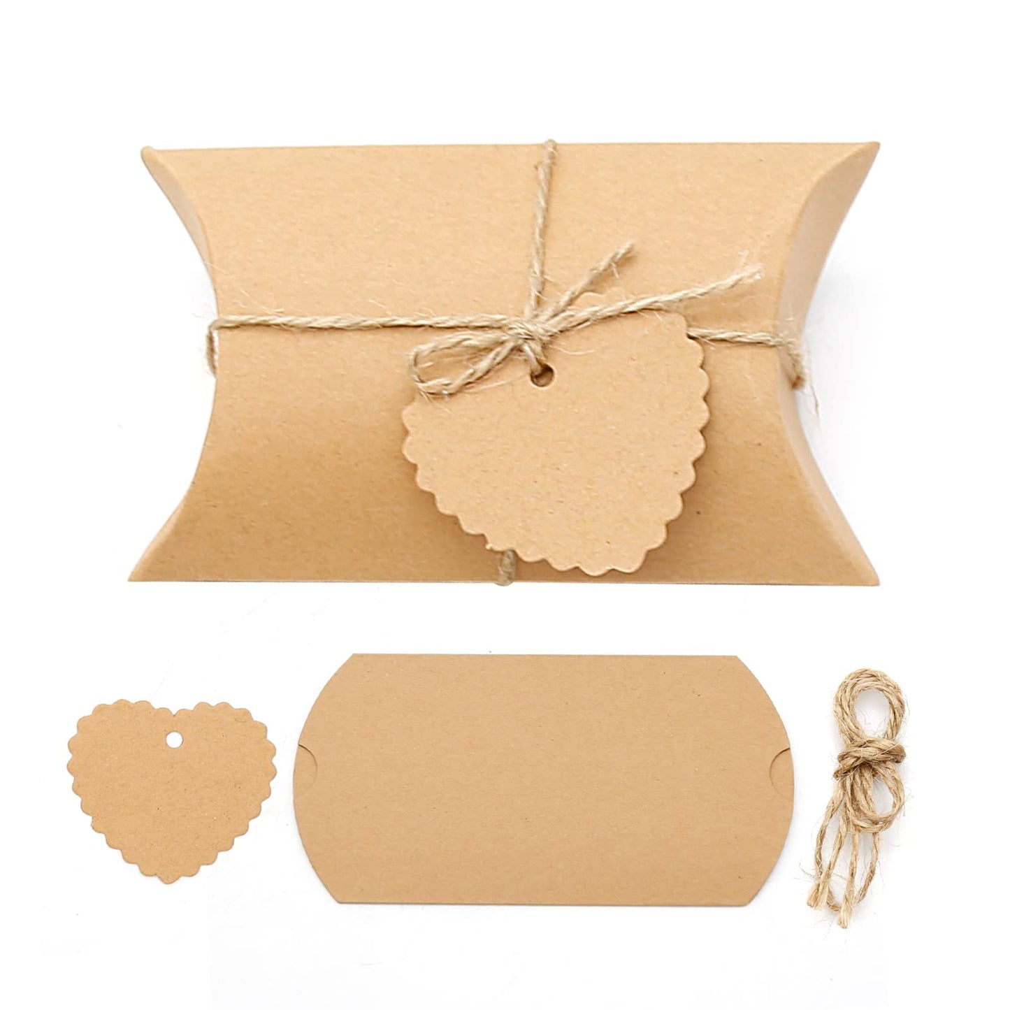 Saihisday 50PCS 5 x 3.5 Inches Kraft Pillow Boxes Large Kraft Pillow Candy Box Mini Foldable Gift Box Gift Boxes Jewelry Soap Packaging for Anniversary, Birthday, Graduation Halloween Party (Heart-shaped Blank Tag)