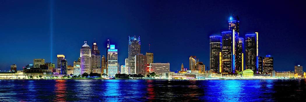 PHOTOSBYJON Detroit Skyline UNFRAMED Photo Print, Night Color City Downtown, 11.75 x 36 inches