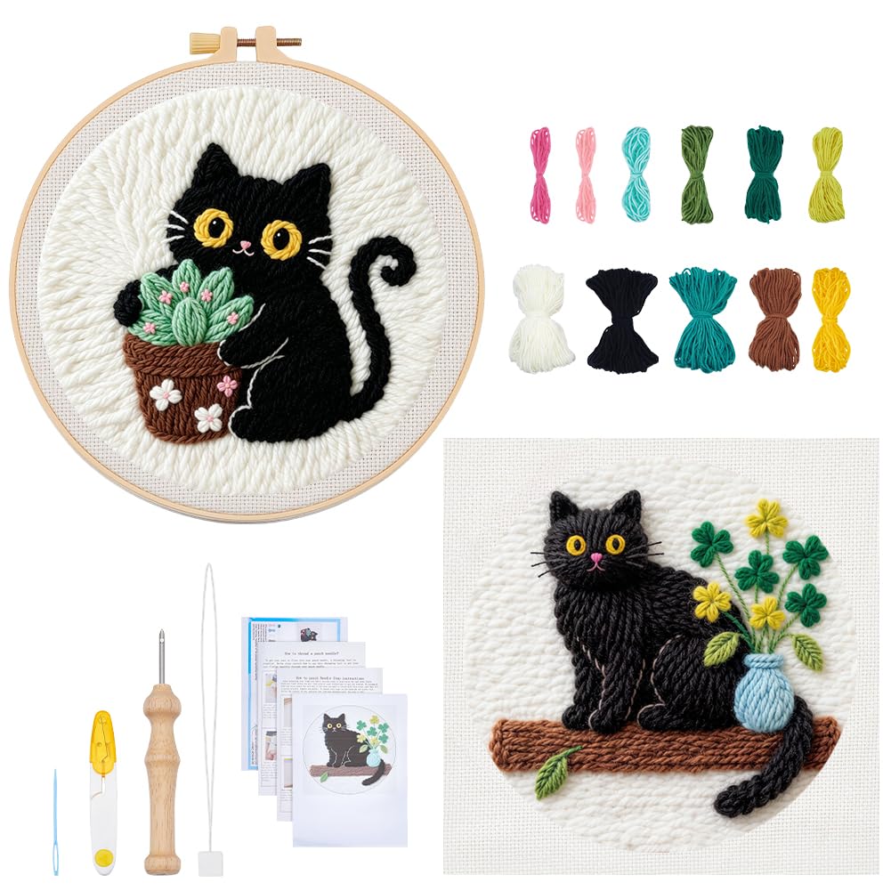BEUNITONE 2PCS Cat Punch Needle Kit for Adults Beginners, Complete Craft Embroidery Needlepoint Kits with Hoop and Instructions, Punch Needle Starter Craft Set for Home Decor, Festival Gift 20x20cm