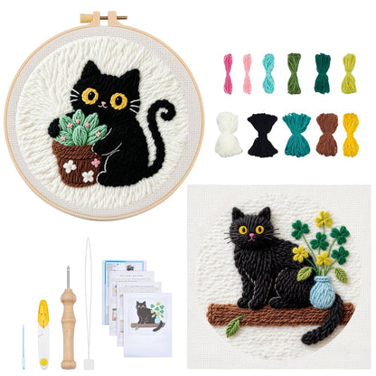 BEUNITONE 2PCS Cat Punch Needle Kit for Adults Beginners, Complete Craft Embroidery Needlepoint Kits with Hoop and Instructions, Punch Needle Starter Craft Set for Home Decor, Festival Gift 20x20cm