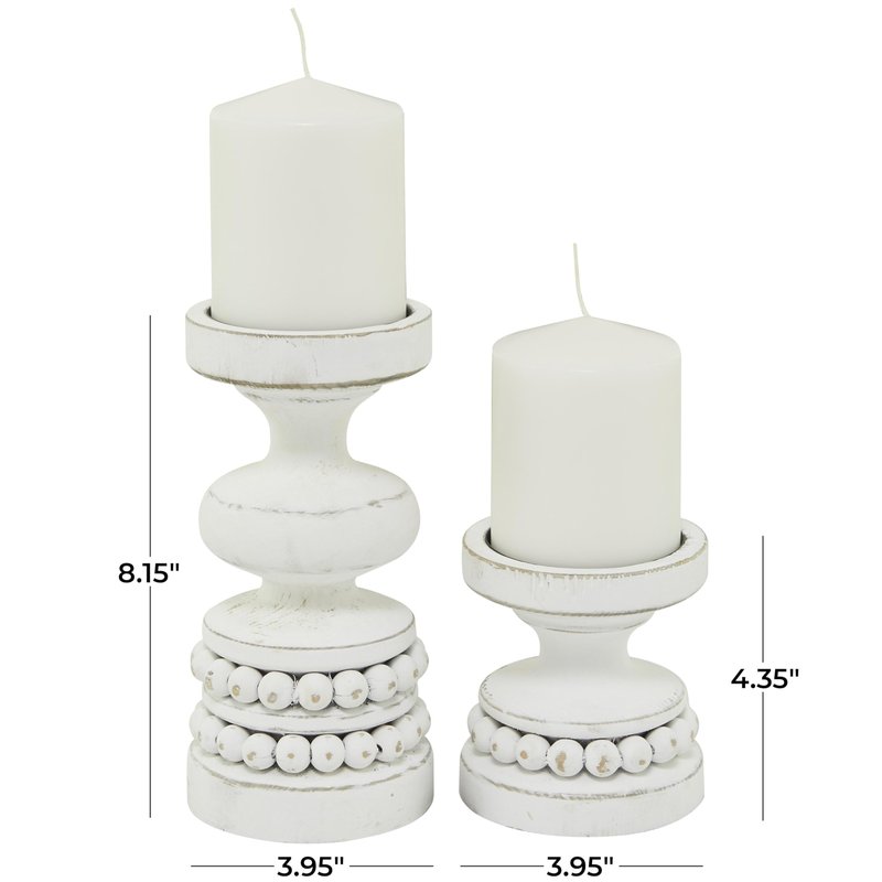Deco 79 Wood Decorative Candle Holder Beaded Pillar Candle Stand, Set of 2 Candlestick Holder 8", 4"H, White