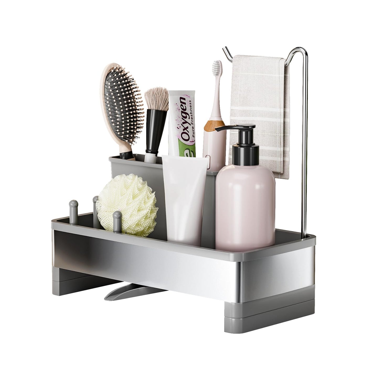 Ewaiira Sponge Holder for Kitchen Sink, Stainless Steel Sink Caddy with Brush Holder & Dishcloth Rack, Countertop Sink Organizer, Soap Dispenser Kitchen Organizers Storage Essentials (F-Gray 9.8″)
