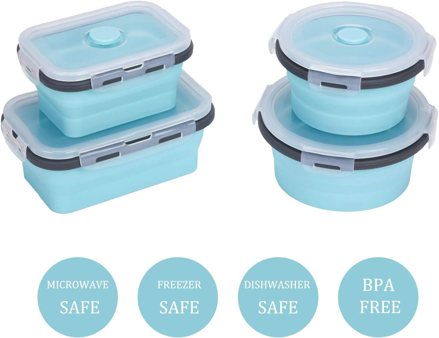 KUON Collapsible Silicone Food Storage Containers, Set of 4 with Airtight Lids, Microwave and Freezer Safe