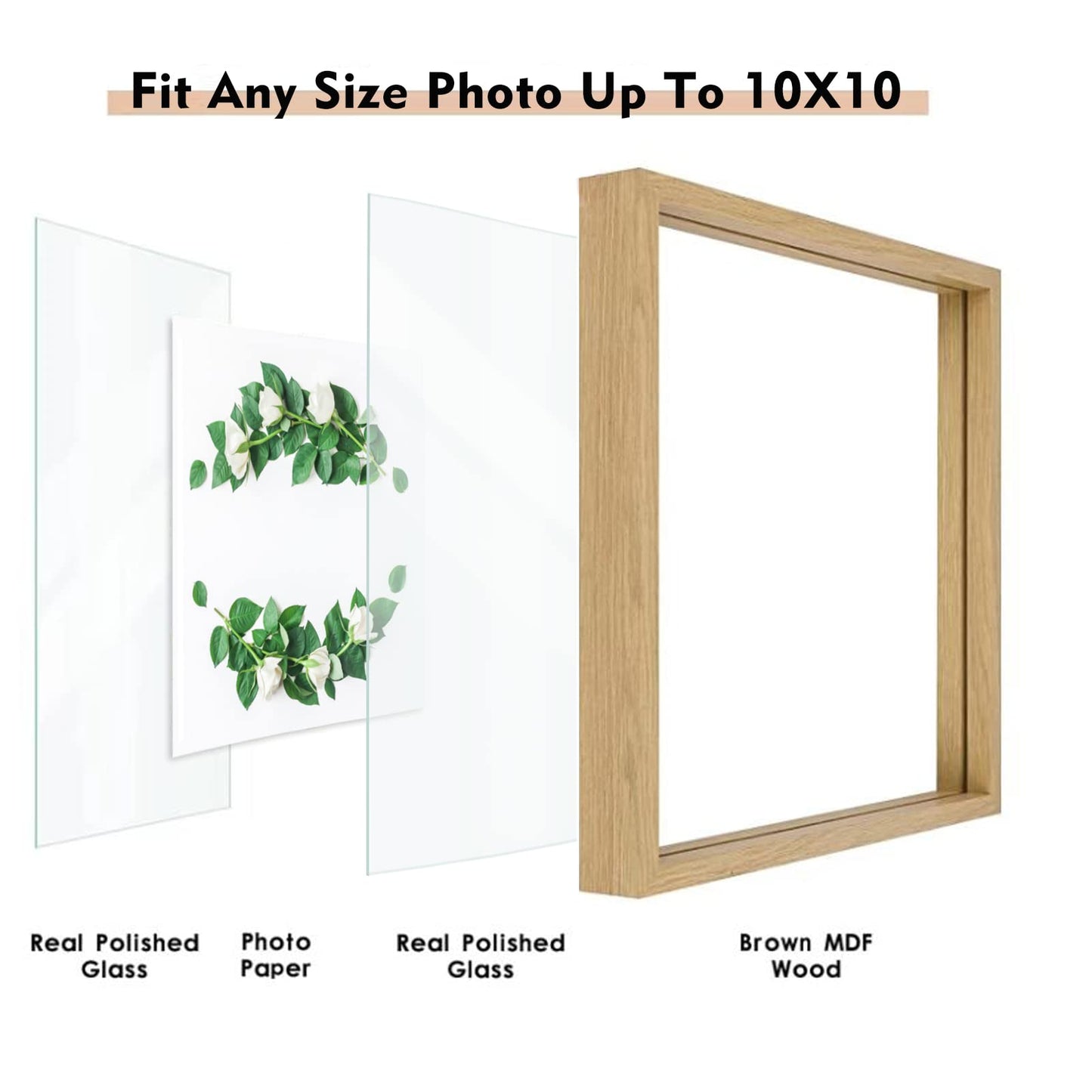MUYE 10x10 Floating Frame Set of 2,Double Glass Square Photo Frame,Display Any Size Photo up to 10x10,Wall Mount or Tabletop Standing,Natural