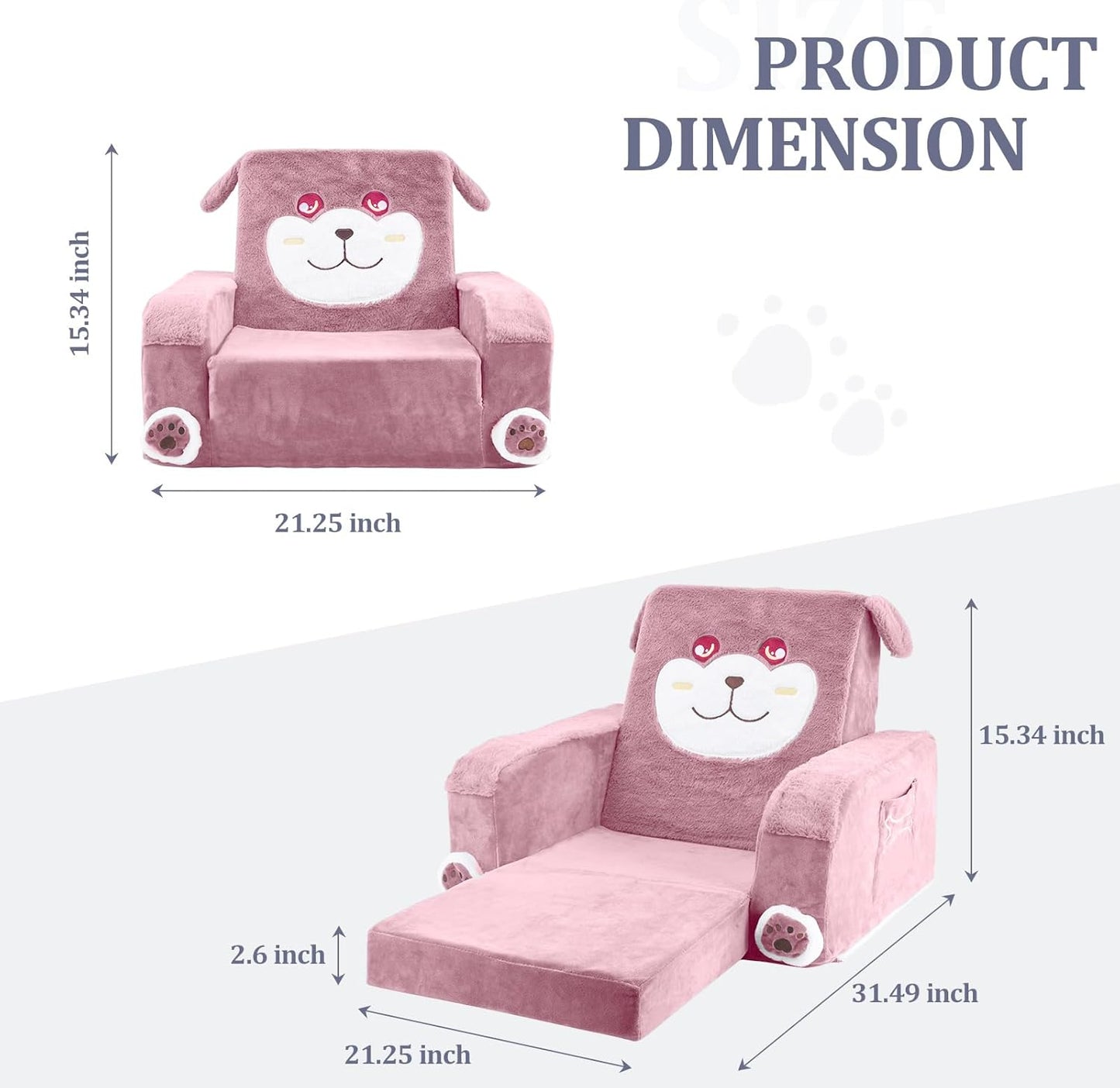 1-3, Kids Couch, Children's Sofa Bed, Folds into a Recliner, Pink Puppy Design, Suitable for Toddlers Aged Birthday