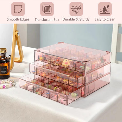 Meluvora Jewelry Organizer, Earring Holder Organizer Box with 3 Layers, 72 Grids Earring Case, Craft Storage Containers for Nail Charms, Ring, Earrings(Tan)