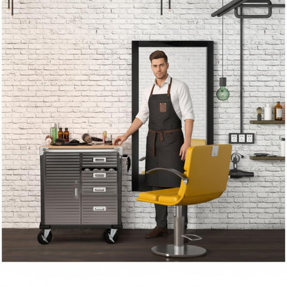 Rolling Tool Cabinet with Solid Wood Top, Heavy Duty Metal Storage Cart with 4 Drawers & Lockable Tambour Door, Mobile Utility Workbench on Wheels for Garage, Workshop, Office (Graphite Black)