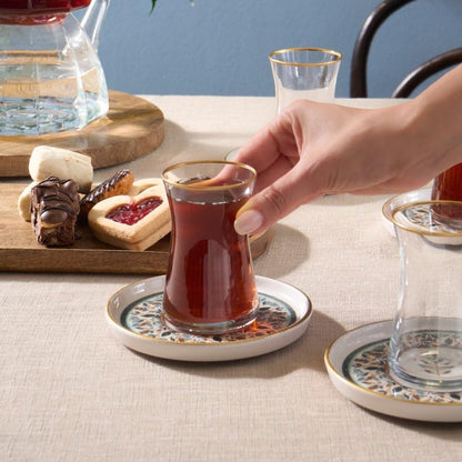 12-Piece Set 6 KARACA Clara Multicolor Turkish Tea Glass & Saucer Elegant Multicolour Design for People