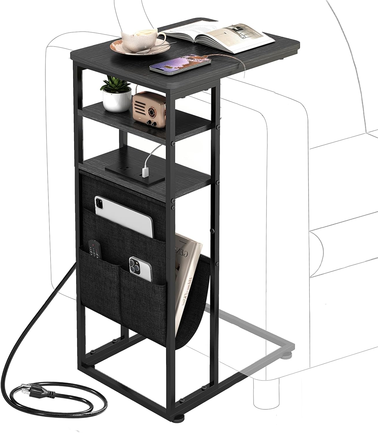 28"(H) 3-Tier C Shaped End Table with Charging Station, C Table with Storage Bag, Under Couch Table C-Shaped End Table