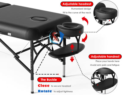 CLORIS 84" Professional Massage Table Portable 2 Folding Lightweight Facial Salon Spa Tattoo Bed Height Adjustable with Carrying Bag & Aluminium Leg Hold Up to 1100LBS Black Widen