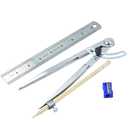 Kintuph 8-Inch Professional Woodworking Compass with Wing & Pencil Holder — Includes 8" Ruler and Pencil Sharpener Perfect for Accurate Circles, Layouts, and Geometric Designs
