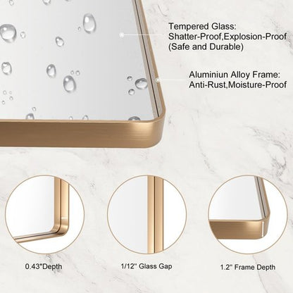 LOAAO Gold Bathroom Mirror - Rounded Rectangle Design | Anti-Rust Tempered Glass, 40" x 32" Size, Wall-Mounted