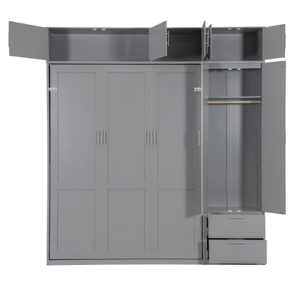 Merax Queen Size Murphy Bed with Shelves, Top Cabinet and Wardrobe, Fold into The Wall, Multifunctional Foldable Platform Bed Frame for Bedroom, Guest Room, Home Office, Space-Saving Design, Gray