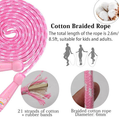 Jump Rope for Kids, Adjustable Toddler Jump Rope with Wooden Handle and Cotton Rope, Cute Skipping Rope for Boys and Girls Fitness Workout Exercise 8.5 Ft(Pink)