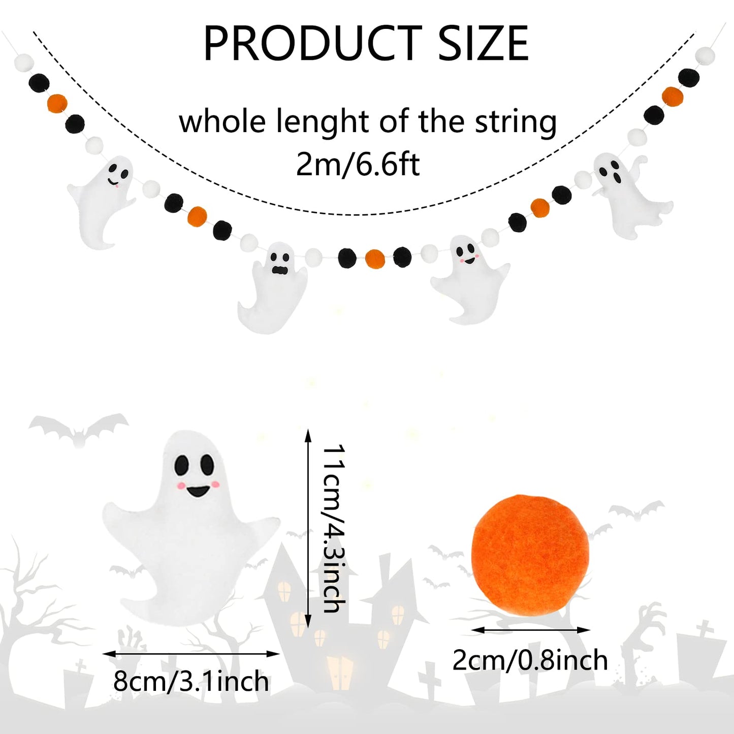 Whaline 6.6 Ft Halloween Theme Banner Different Expressions Cute Ghosts Banner Black White Orange Party Banner Felt Ball Garland for Halloween Haunted Houses Decors Doorways Home Mantel Suppliers