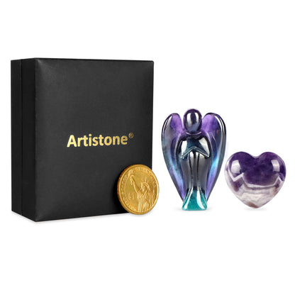 Artistone Rainbow Fluorite Crystal Guardian Angel Statue Amethyst Heart Stone Healing Chakra Set Hand Carved Gemstone Pocket Worry Stones Figurines Healing Reiki Meditation