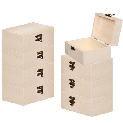 Voittozege 8 Pack Unfinished Wooden Box for Crafts, 6 X 4 X 2 Inch Small Wooden Jewelry Keepsake Boxes Natural Unfinished Box with Hinged Lid and Front Clasps Treasure Gift Storage Boxes for DIY Craft
