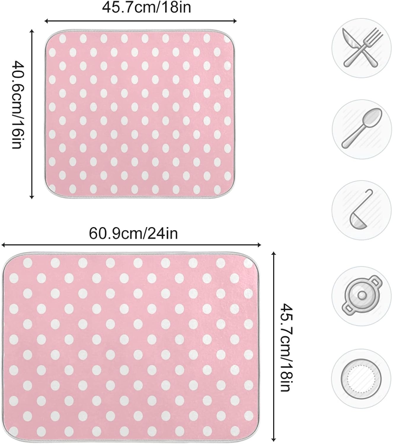 Pink White Polka Dot Dish Drying Mat for Kitchen Counter, 18 x 24 Inch Absorbent Microfiber Drainer Mat