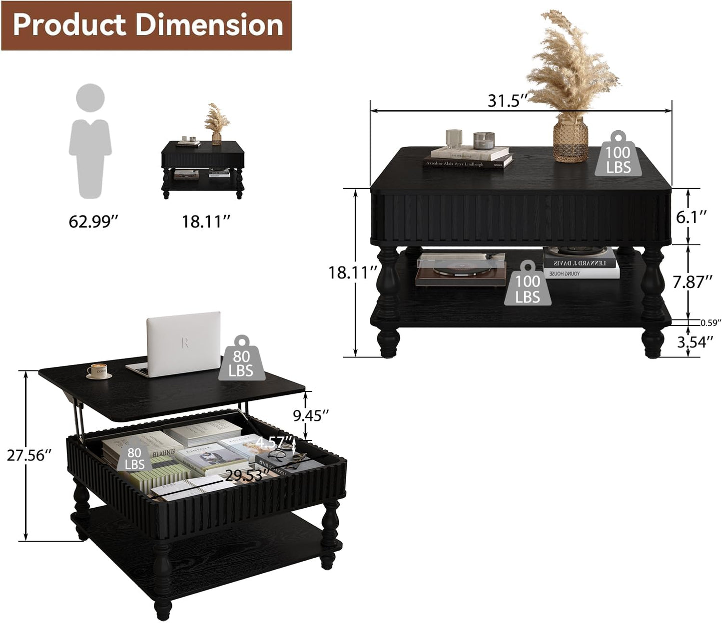 KEIKI 31.5" Square Lift Top Wood Coffee Table with Hidden & Open Storage,Hydraulic Raising Mechanism for Living Room
