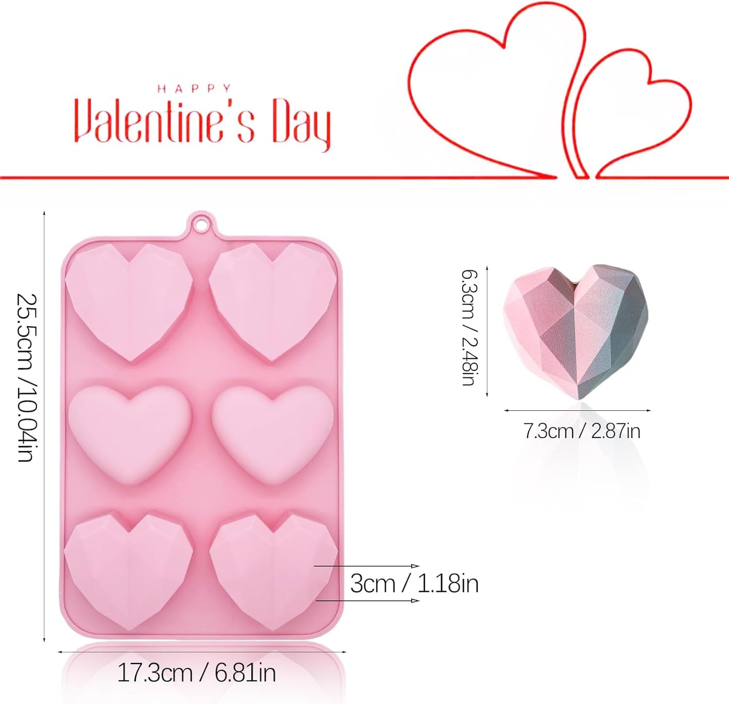 Valentine's Day Silicone Molds, 2PCS Large 3D Diamond Heart Shape Chocolate Molds for Baking