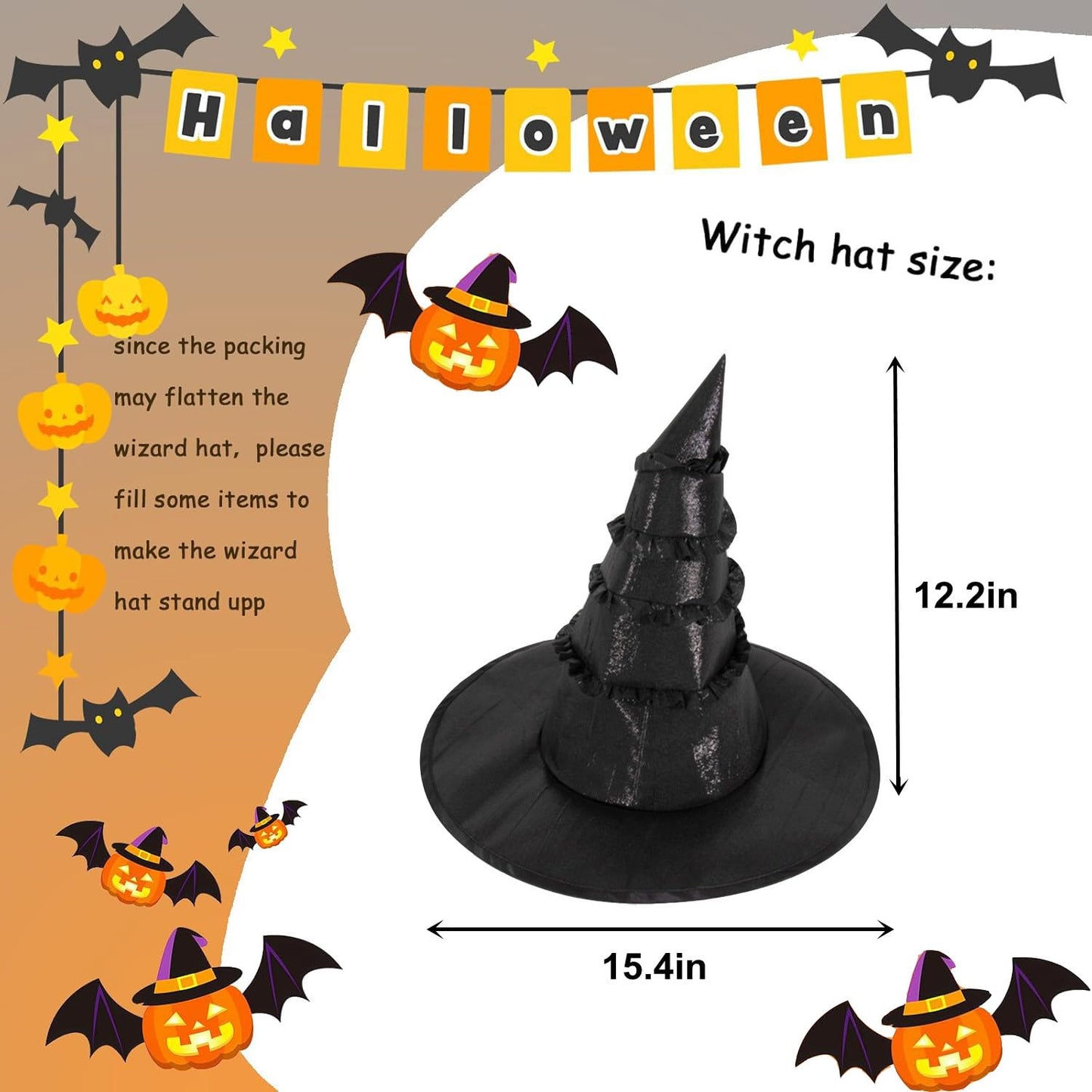TOPORTY Halloween Witch Hat Black Witches Wizard Hats Elphaba Hat for Halloween Costume Dress up Party Supplies