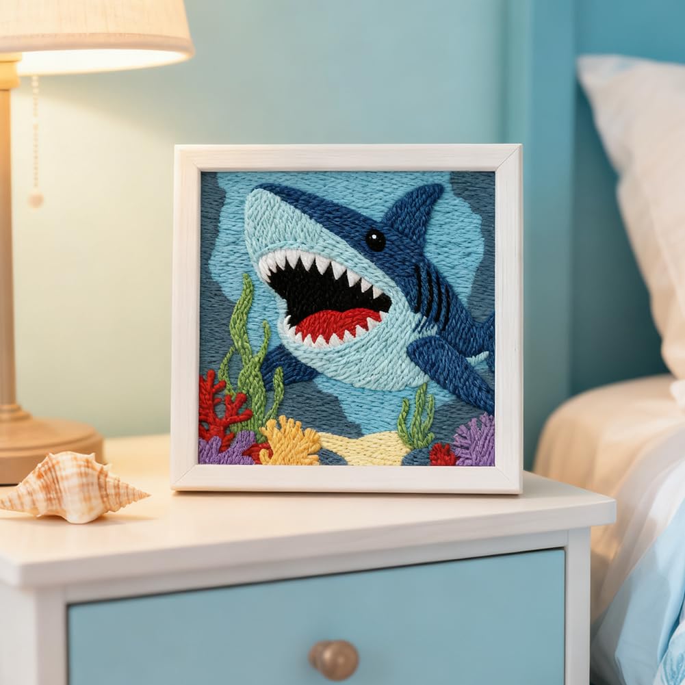 INFUNLY Blue Shark Punch Needle Kit 9.4x9.4 inches Punch Needle Embroidery Kits Ocean Animal DIY Needles Stitching Kits for Beginners with Instruction Yarns Christmas Birthday Hanging Decor