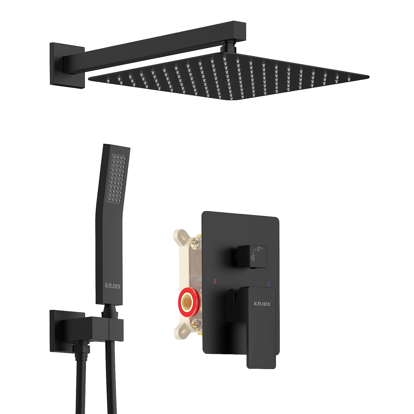 KOJOX Shower System with High Pressure 10'' Rainfall Shower Head, Handheld Shower head and Shower Faucet Trim valve, Bathroom Luxury Rain Mixer Shower Combo Set Wall Mounted Matte Black