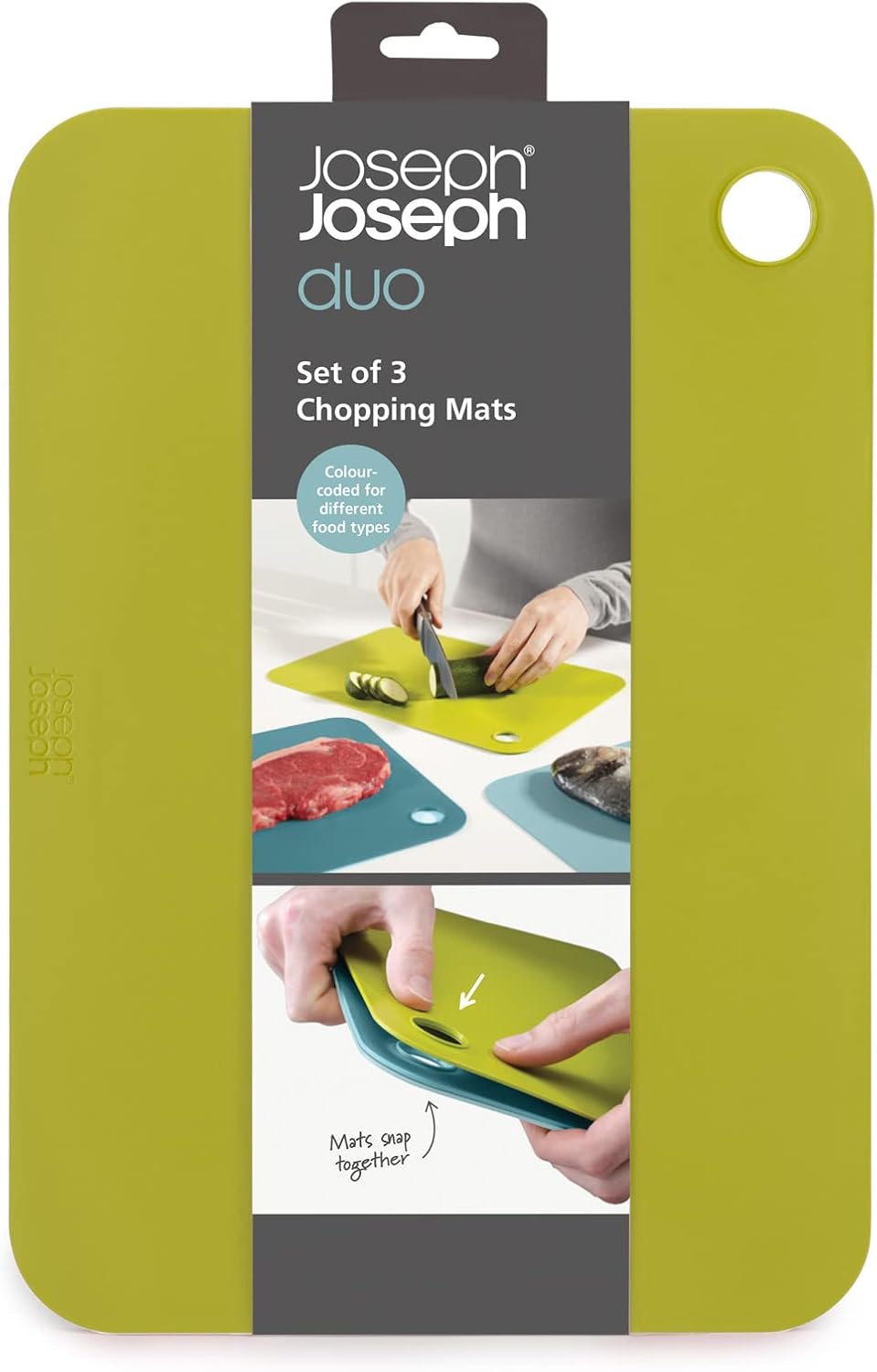 Joseph Joseph Duo Set of 3 Double-Sided Colour Coded Chopping Board Mat Set, Flexible, Easy to Store, Dishwasher-Safe -
