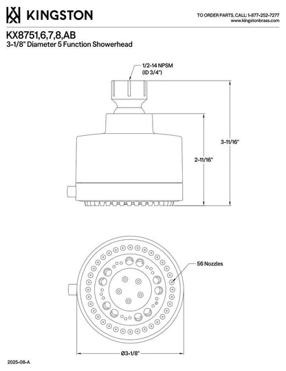 Kingston Brass KX8757 Vilbosch 3" Round 5-Function ABS Shower Head, Brushed Brass