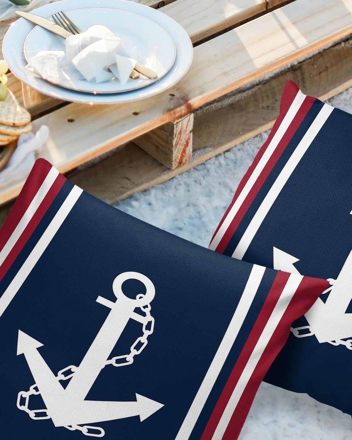 Waterproof Pillow Covers for Couch, Set of 2 Throw Pillow Cases, Nautical White Anchor Navy Blue Red Decorative Cushion