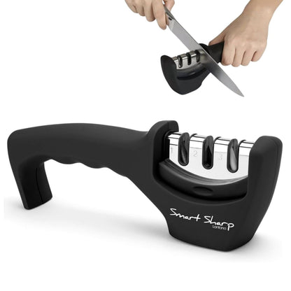 Lantana Knife Sharpener 'Smart Sharp' - Professional 3 Stage Manual Sharpener for Sharpening Kitchen Knives - Ceramic Stone, Tungsten Carbide Plates, Diamond rods. Ergonomic Design, Black/Chrome