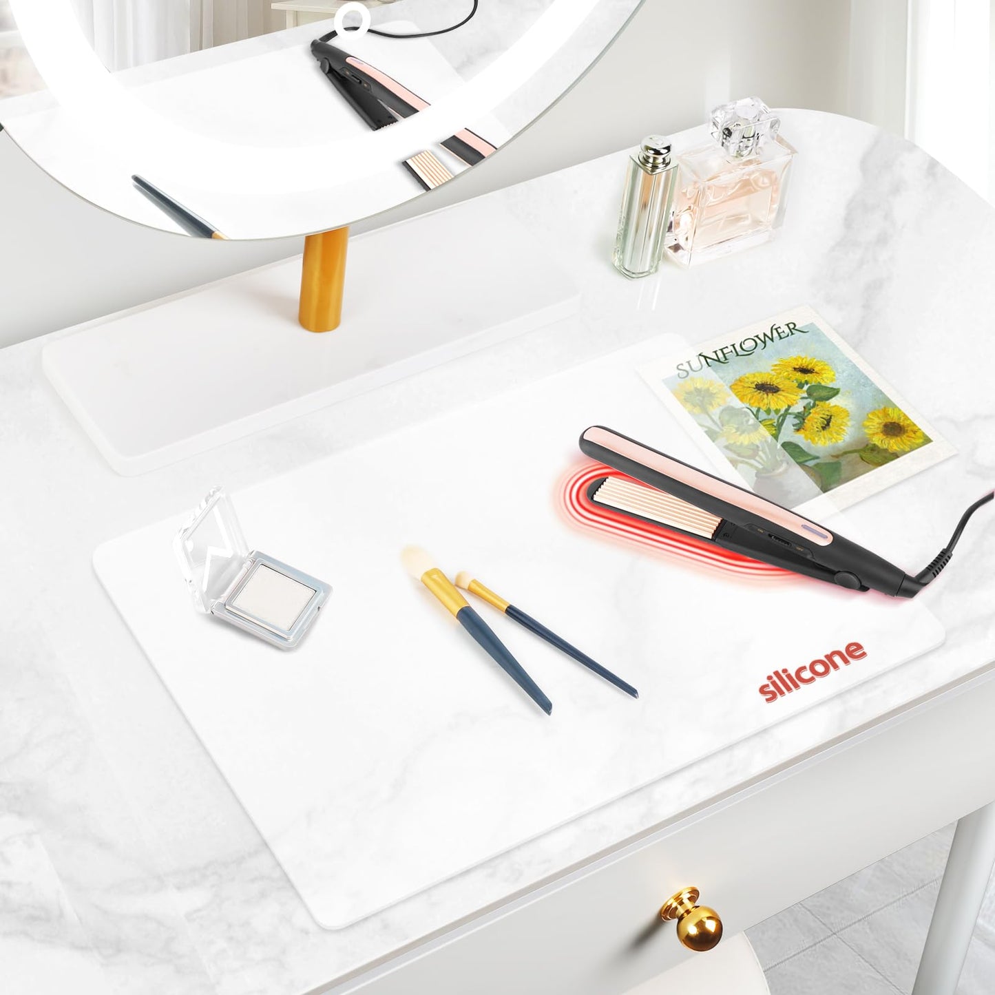 Silicone Makeup Mat for Vanity, 15.7" x 11.8" Heat Resistant Vanity Mat, Easy to Clean & Waterproof, Portable Makeup Accessories for Use While Traveling (White Translucent)