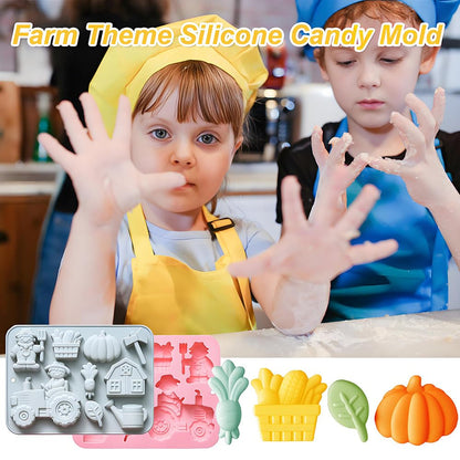 2 Pack Silicone Chocolate Molds with Farm Theme Pumpkin Tractor Axe Watering Pot House Handmade Soap Mold 9 Cavity Gummy Ice Cube Crayon Pastry Baking Tools for Cookie Chocolate Cake Décor