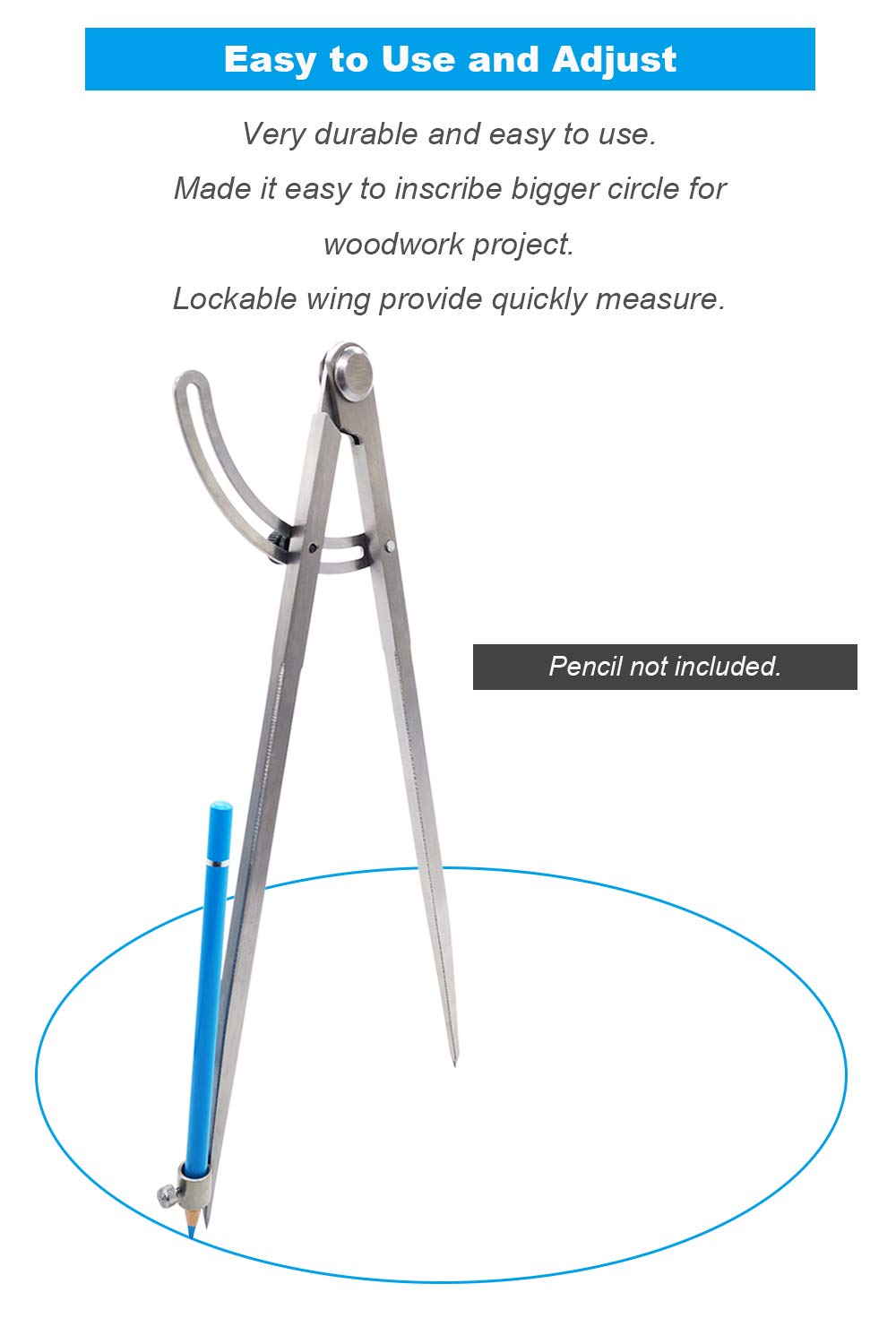 ZLKSKER 12 inch Professional Woodworking Compass with Pencil Holder for Carpenter, Lockable Wing Divider Leather Work Compass Scribe, Geometry Drafting Compass