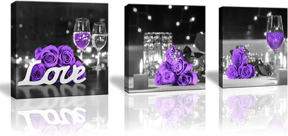 Purple Rose Flower Pictures Wall Art Decor for Kitchen, Wine Glass, Candle, Love, 3 Piece Canvas Prints Set 12x12inch