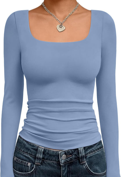 Trendy Queen Womens Long Sleeve Shirts Crop Tops Fall Fashion 2025 Square Neck Going Out Basics Tees Y2k Clothes