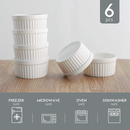 Porcelain Ramekins 4 oz Oven Safe, Small Souffle Dishes for Baking, Set of 6 Ceramic White Mini Bowls