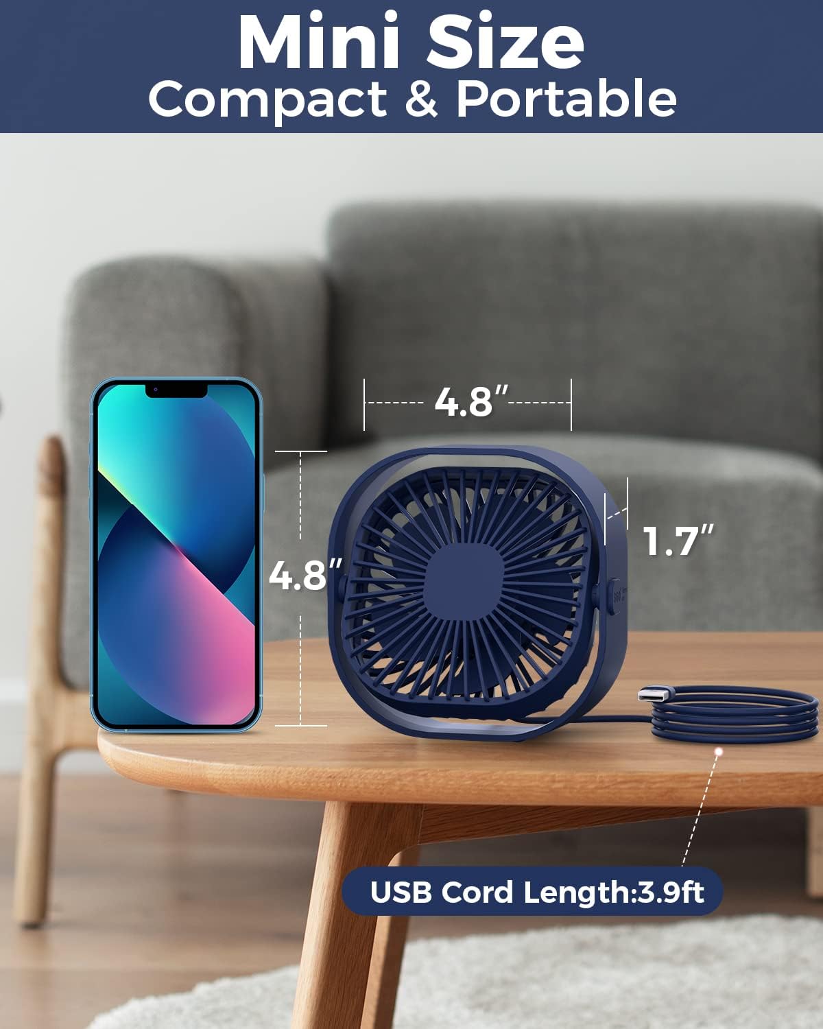 RJVW Small USB Desk Fan, 3 Speeds Portable Table Fan, 4 Inch Mini Fan, 360° Rotatable for Home Office