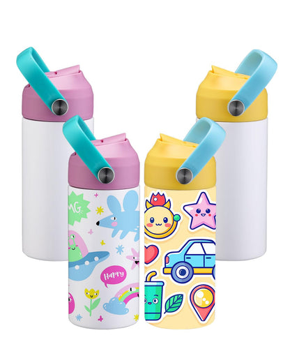 OFFNOVA 12oz Kids Sublimation Tumbler, 4 Pack Stainless Steel Sippy Cup Blank, Vacuum Insulated Water Bottle with Leak-Proof Straw Lid