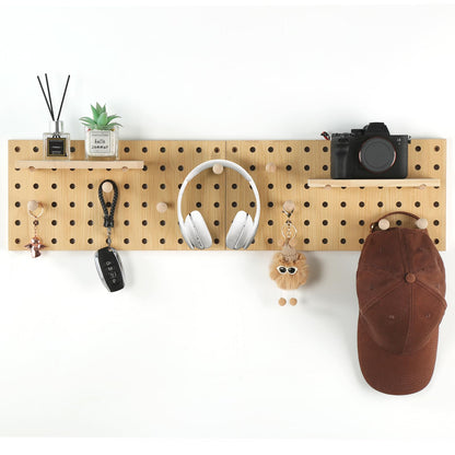 UMICAL 2 Pack Beige Wooden Pegboard, Modular Wall Organizer Storage Shelf with Hooks, Multi‑Use Display Peg Board for Home Office Bathroom Laundry Room