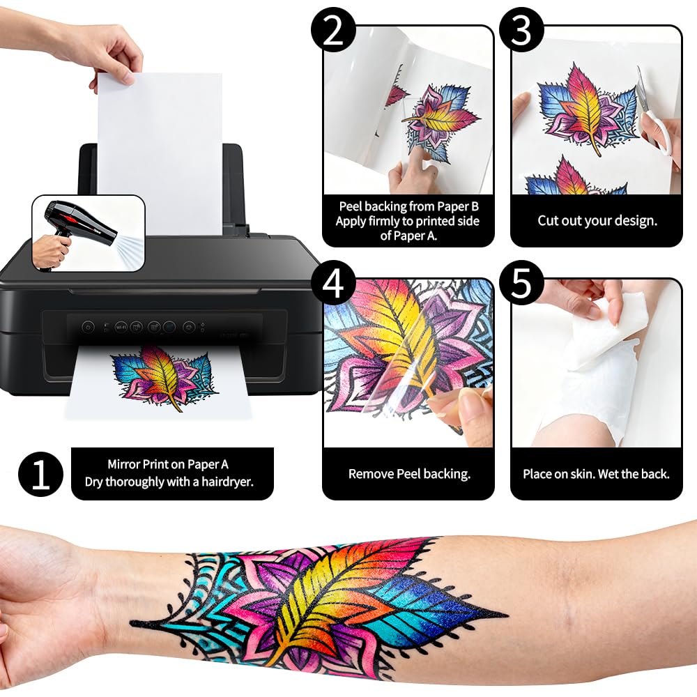15 Sheets Printable Temporary Tattoo Paper for Inkjet Printer - 8.5 x 11 in DIY Custom Design Transfer Sheets with Vibrant Color Prints for Mother's Day, Kids & Adults