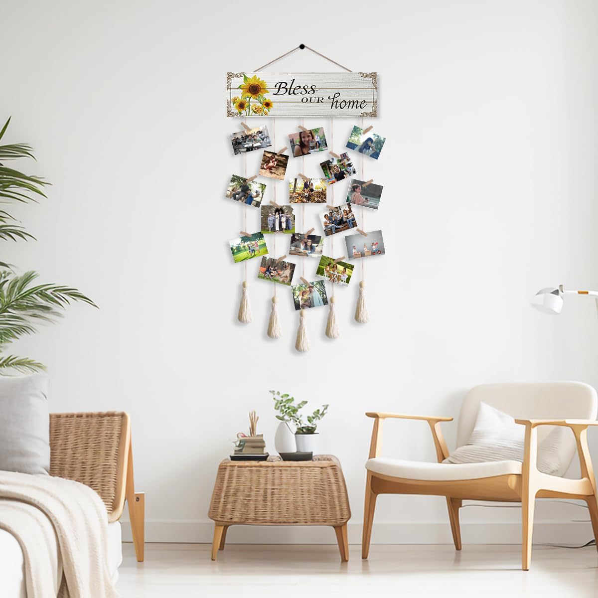Gwisml Home Collage Picture Frames,Clip Photo Holders for Wall,Wooden Hanging Photo Display with 16 Clips 5 Strings,Bless Our Home Sign Wall Decor