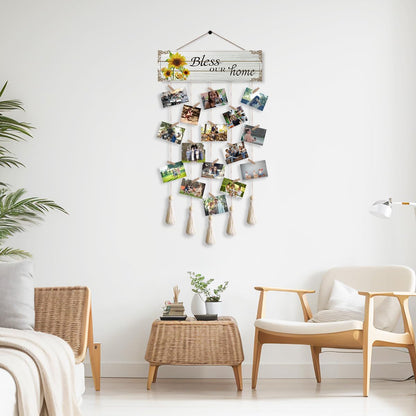 Gwisml Home Collage Picture Frames,Clip Photo Holders for Wall,Wooden Hanging Photo Display with 16 Clips 5 Strings,Bless Our Home Sign Wall Decor