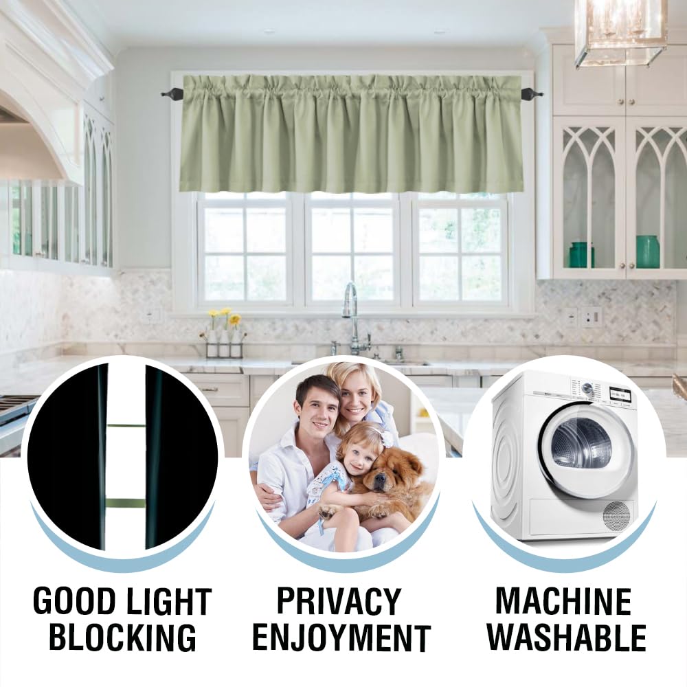 H.VERSAILTEX 100% Blackout Curtain Valances for Kitchen Windows/Bathroom/Living Room/Bedroom Thermal Insulated Rod Pocket Valances for Windows, 2 Pack, 52" x 18", Light Sage