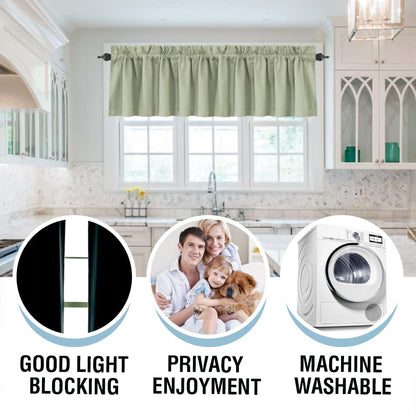 H.VERSAILTEX 100% Blackout Curtain Valances for Kitchen Windows/Bathroom/Living Room/Bedroom Thermal Insulated Rod Pocket Valances for Windows, 2 Pack, 52" x 18", Light Sage