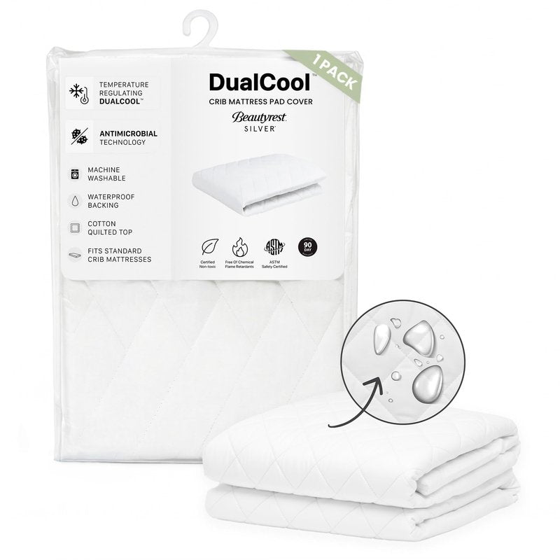 Beautyrest Kids Silver DualCool Technology Fitted Baby Crib Mattress Pad Cover | Waterproof | 52” x 28” | Machine Washable, White.