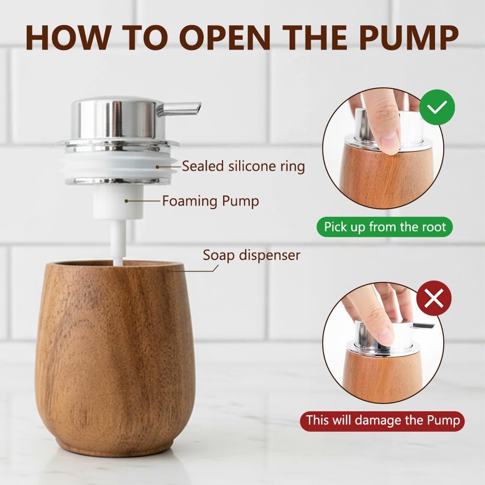 Set 7oz/200ml 6 Countertop Walnut Wood Soap Dispenser with Tray, Foaming Hand Soap Dispenser with Labels, Wooden